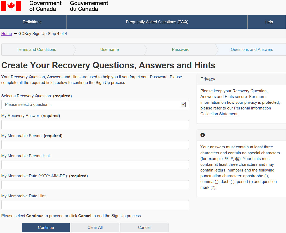 Create your recovery questions, answers and hints web page