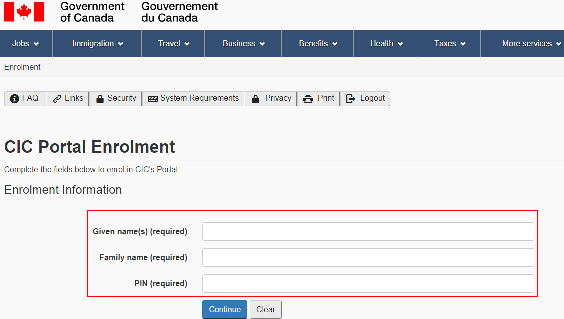 CIC Portal Enrolment page as described above.