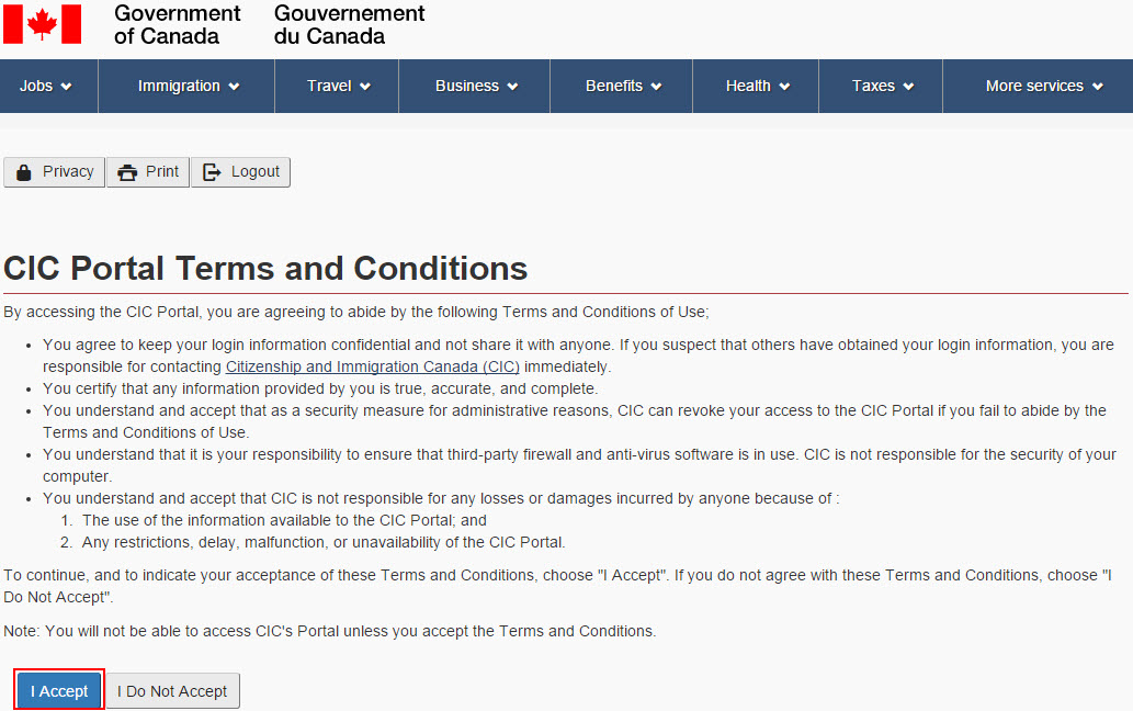 CIC Portal terms and conditions web page