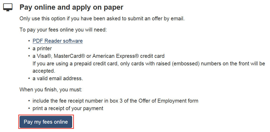 Image showing instructions on how to pay online and apply on paper as described above.