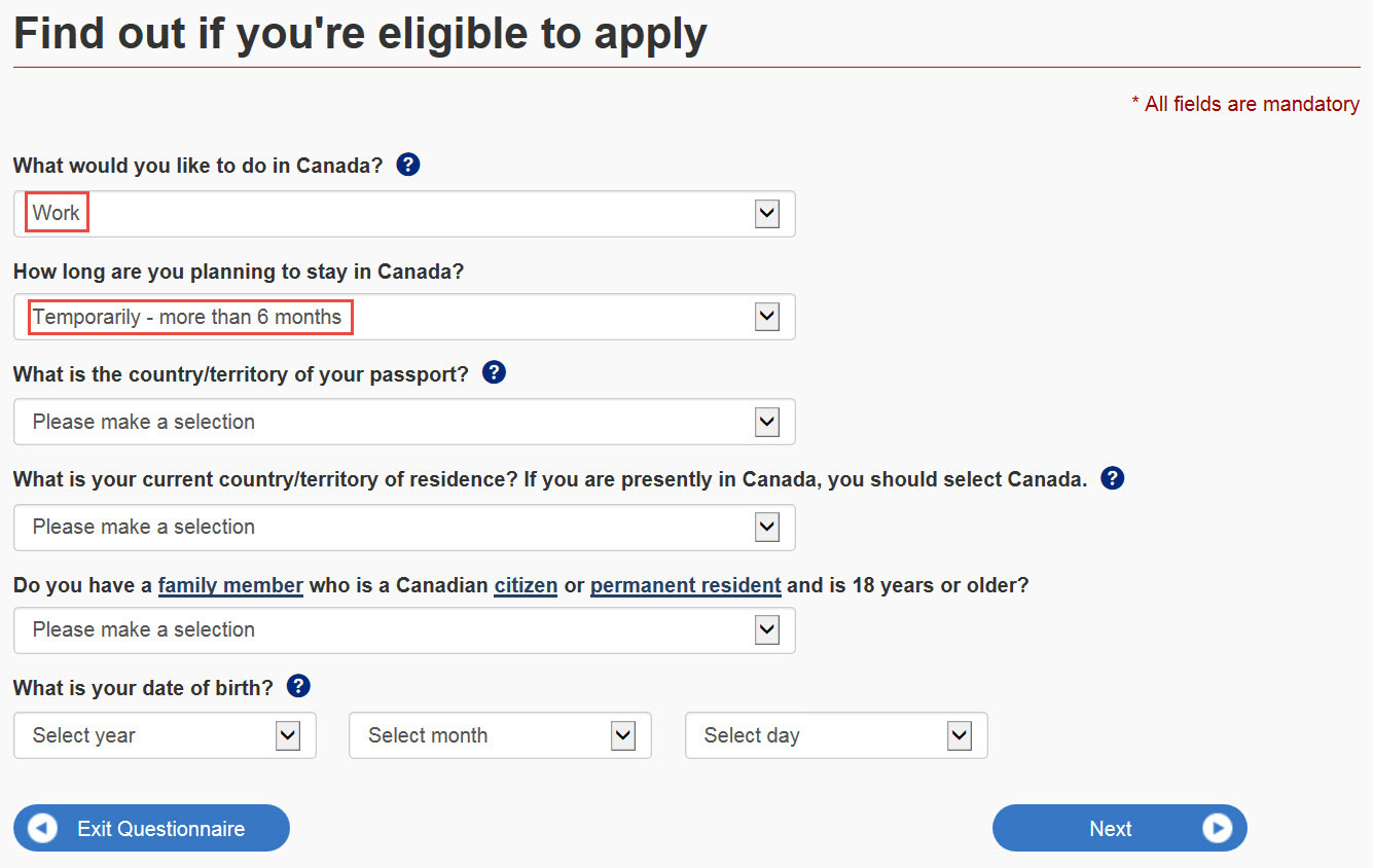 Image showing questions “What would you like to do in Canada?” and “How long are you planning to stay in Canada?”