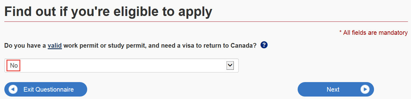 Image of question “Do you have a valid work permit or study permit, and need a visa to return to Canada?”