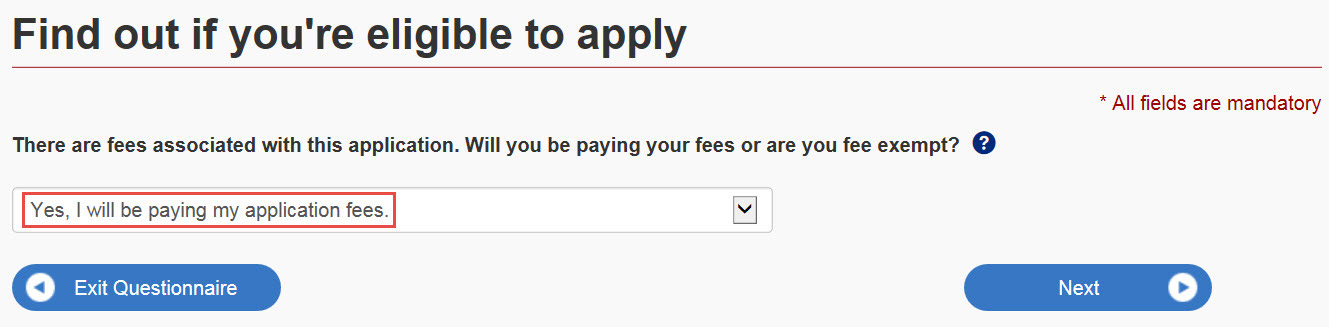 Image of question “Will you be paying your fees or are you fee exempt?”