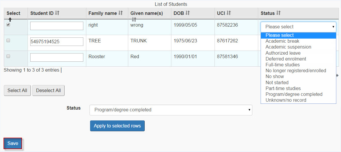 Image showing the “status” dropdown menu options in the example list of students.