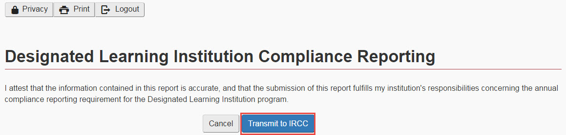 Image of the “Transmit to IRCC” confirmation page as described above.
