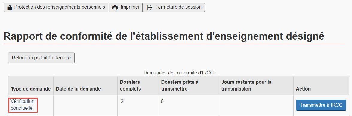 Image de l’écran « Demandes de rapport de conformité d’IRCC » montrant où se trouve le lien menant à Vérification ponctuelle.