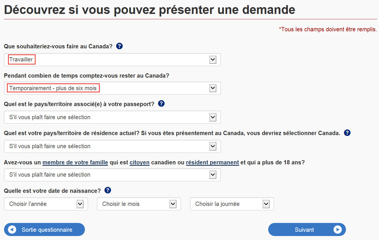 Image montrant les questions « Que souhaiteriez-vous faire au Canada? » et « Pendant combien de temps comptez-vous rester au Canada? »