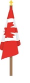 Le drapeau canadien exposé à la verticale sur un mât et situé de façon à ce que la pointe de la feuille d’érable soit à la droite et la tige à la gauche.