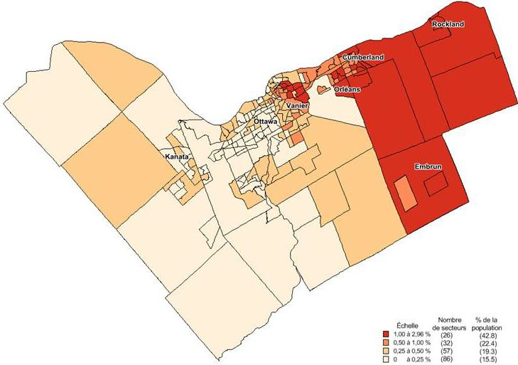 Carte de la répartition en pourcentage de la population francophone née au Canada dans la RMR d’Ottawa selon les secteurs de recensement, 2011. Version texte ci-dessous.