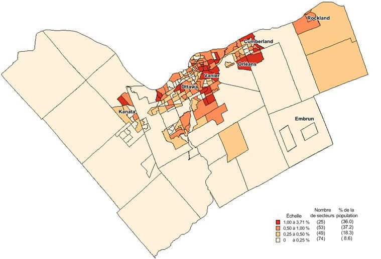 Carte de la répartition en pourcentage de la population francophone immigrante dans la RMR d’Ottawa selon les secteurs de recensement, 2011. Version texte ci-dessous.