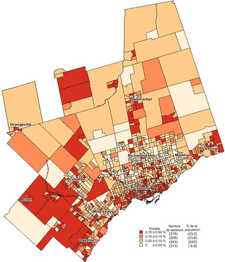 Carte de la répartition en pourcentage de la population francophone née au Canada dans la RMR de Toronto selon les secteurs de recensement, 2011. Version texte ci-dessous.