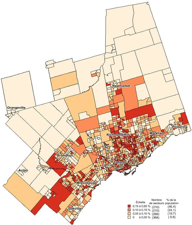 Carte de la répartition en pourcentage de la population francophone immigrante dans la RMR de Toronto selon les secteurs de recensement, 2011. Version texte ci-dessous.