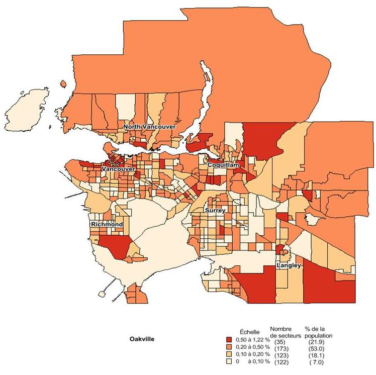 Carte de la répartition en pourcentage de la population francophone née au Canada dans la RMR de Vancouver selon les secteurs de recensement, 2011. Version texte ci-dessous.