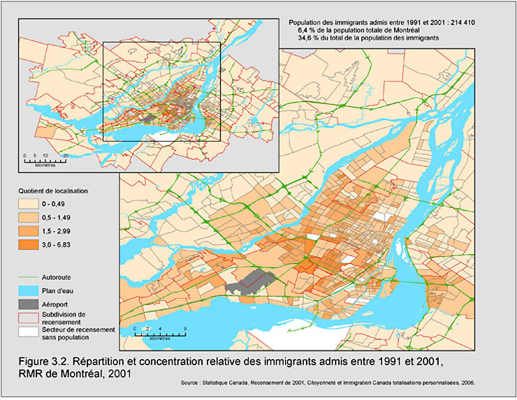 Figure 3.2. Répartition et concentration relative des immigrants admis entre 1991 et 2001, région métropolitaine de recensement Montréal, 2001