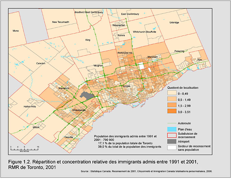 Figure 1.2. Répartition et concentration relative des immigrants admis entre 1991 et 2001, région métropolitaine de recensement Toronto, 2001