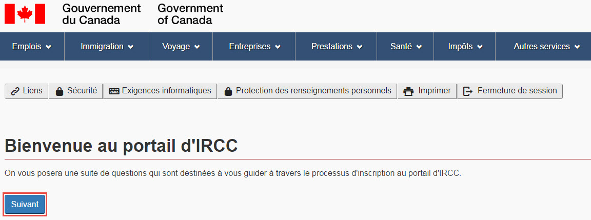 Image de la page d’accueil au portail d’IRCC, tel que décrit ci-dessus.