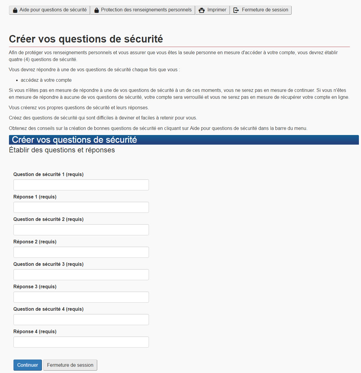 Image du formulaire Web sur les questions de sécurité, tel que décrit ci-dessus.