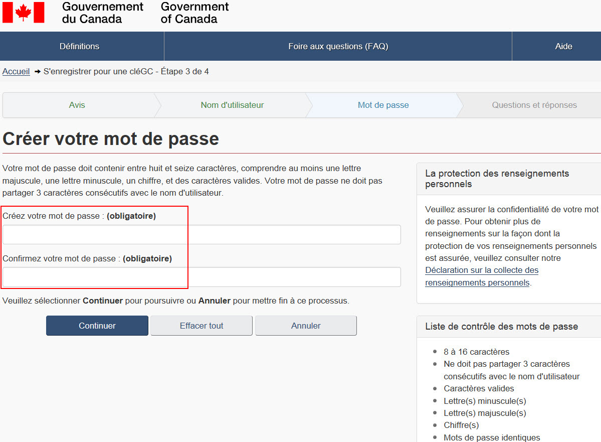 Page Web Créer votre mot de passe.