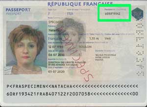 Image of French passport information page and passport number to use.