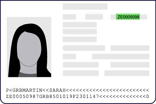 Passport number in the machine readable zone of a passport.