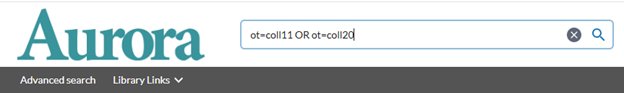 Aurora’s basic search interface. The search bar contains the collection codes “ot=coll11 or ot=coll20” as an example of how to search by collection code.