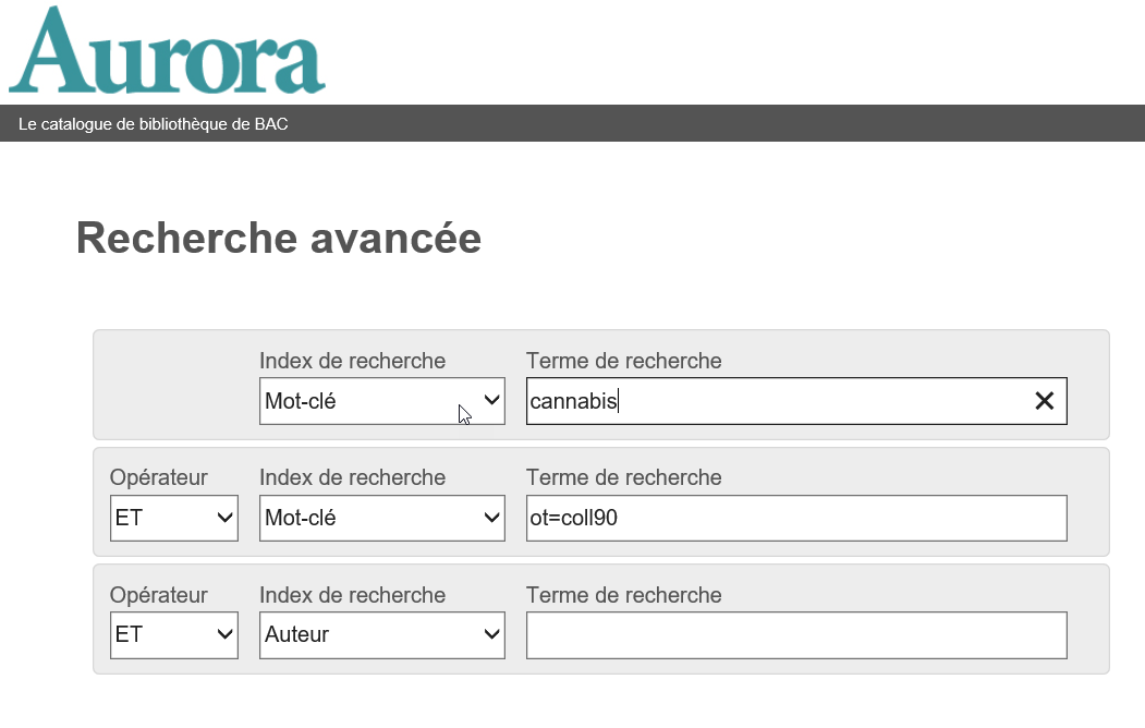 La page Recherche avancée affichant de multiples champs de recherche par mot-clé. Le deuxième champ contient le texte « ot=coll90 »
