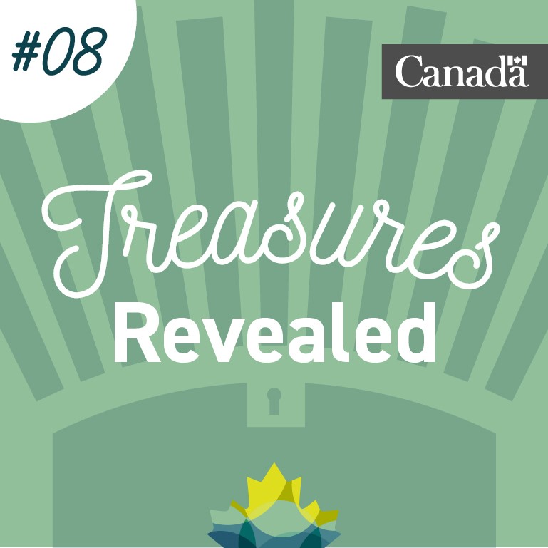Greenish stylized treasure chest with Library and Archives Canada maple leaves at the bottom and rays rising from the chest at the top. Numbered 8.