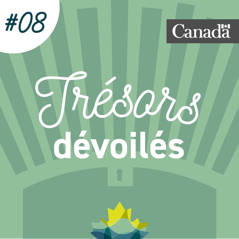 Coffre au trésor stylisé de couleur verte dans lequel se trouve la feuille d'érable de Bibliothèque et Archives Canada. Des rayons sortent du coffre. L'image porte le numéro 8.