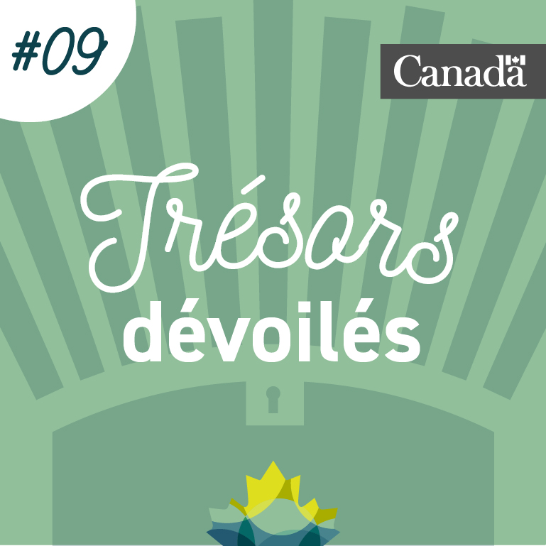Coffre au trésor stylisé de couleur verte dans lequel se trouve la feuille d'érable de Bibliothèque et Archives Canada. Des rayons sortent du coffre. L'image porte le numéro 9.