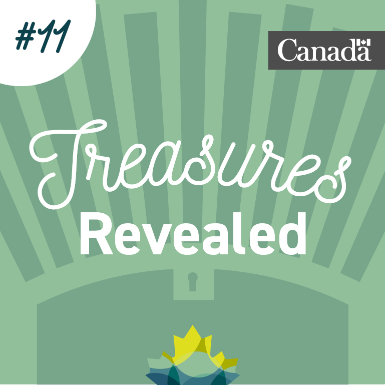 Greenish stylized treasure chest with Library and Archives Canada maple leaves at the bottom and rays rising from the chest at the top. Numbered 11.