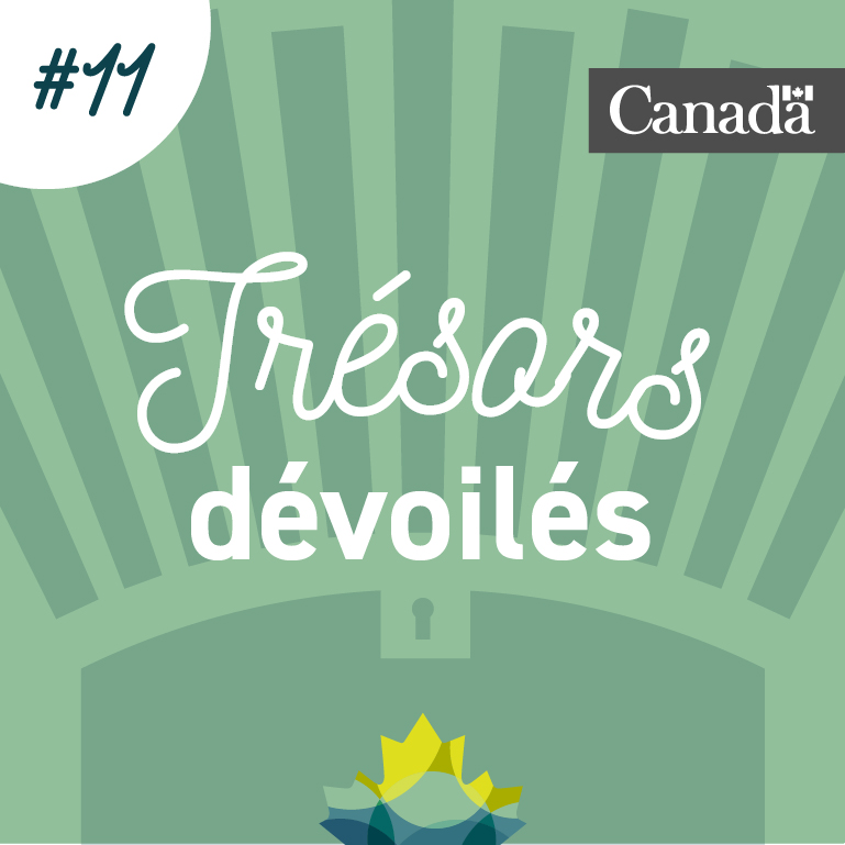 Coffre au trésor stylisé de couleur verte dans lequel se trouve la feuille d’érable de Bibliothèque et Archives Canada. Des rayons sortent du coffre. L’image porte le numéro 11.