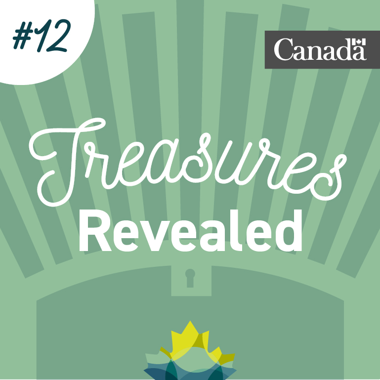 Greenish stylized treasure chest with Library and Archives Canada maple leaves at the bottom and rays rising from the chest at the top. Numbered 12.