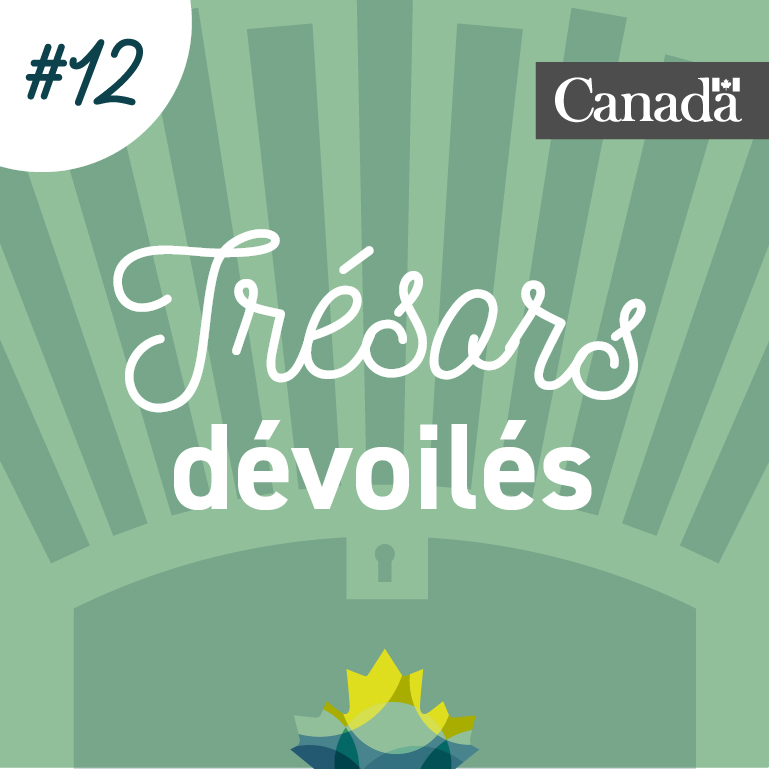 Coffre au trésor stylisé de couleur verte dans lequel se trouve la feuille d’érable de Bibliothèque et Archives Canada. Des rayons sortent du coffre. L’image porte le numéro 12.