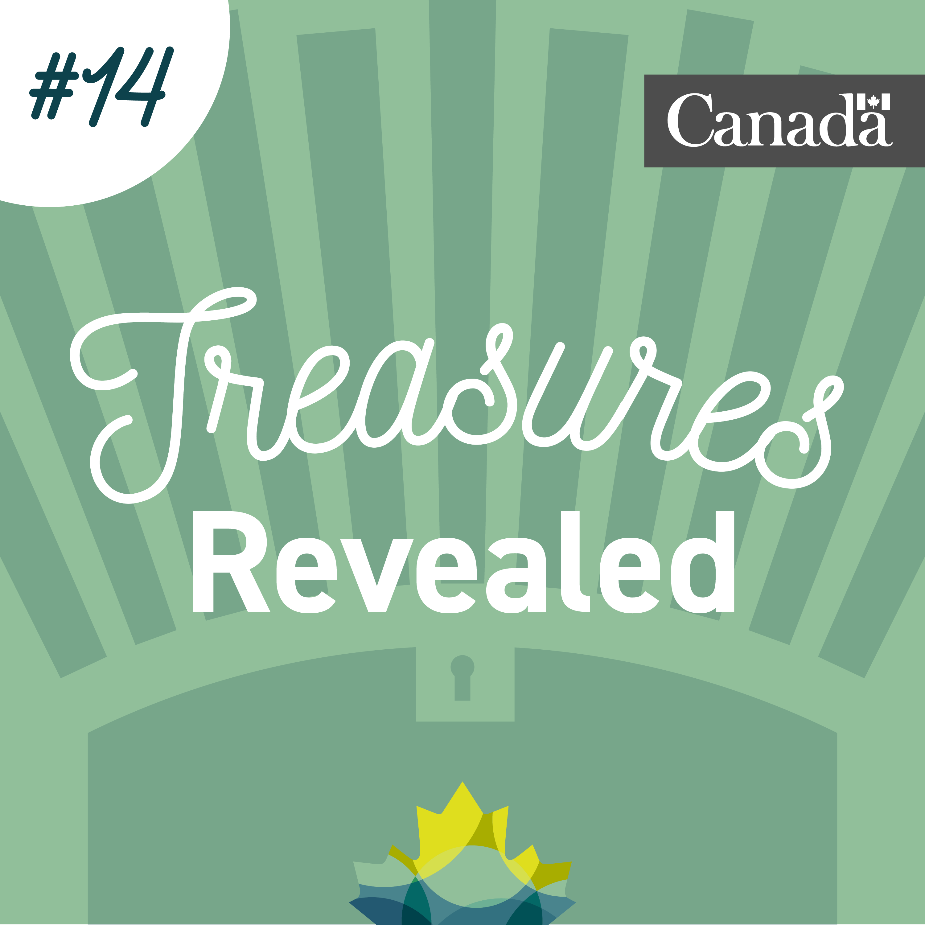 Greenish stylized treasure chest with Library and Archives Canada maple leaves at the bottom and rays rising from the chest at the top. Numbered 14.