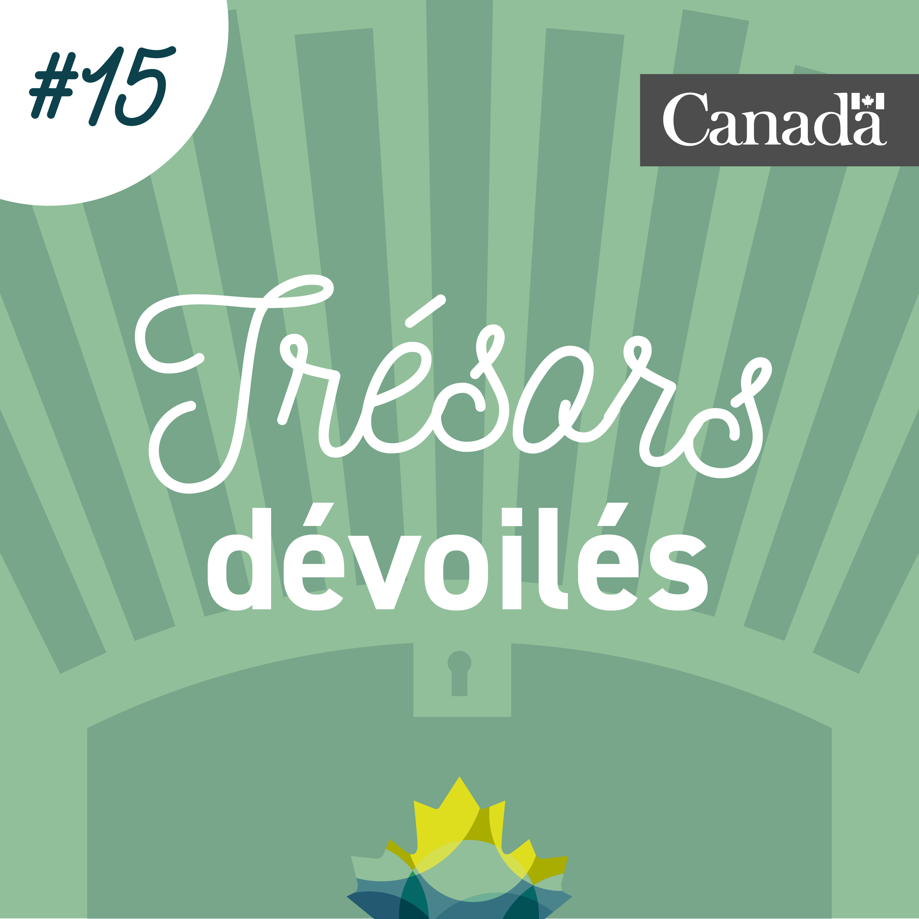 Coffre au trésor stylisé de couleur verte dans lequel se trouve la feuille d'érable de Bibliothèque et Archives Canada. Des rayons sortent du coffre. L'image porte le numéro 15.