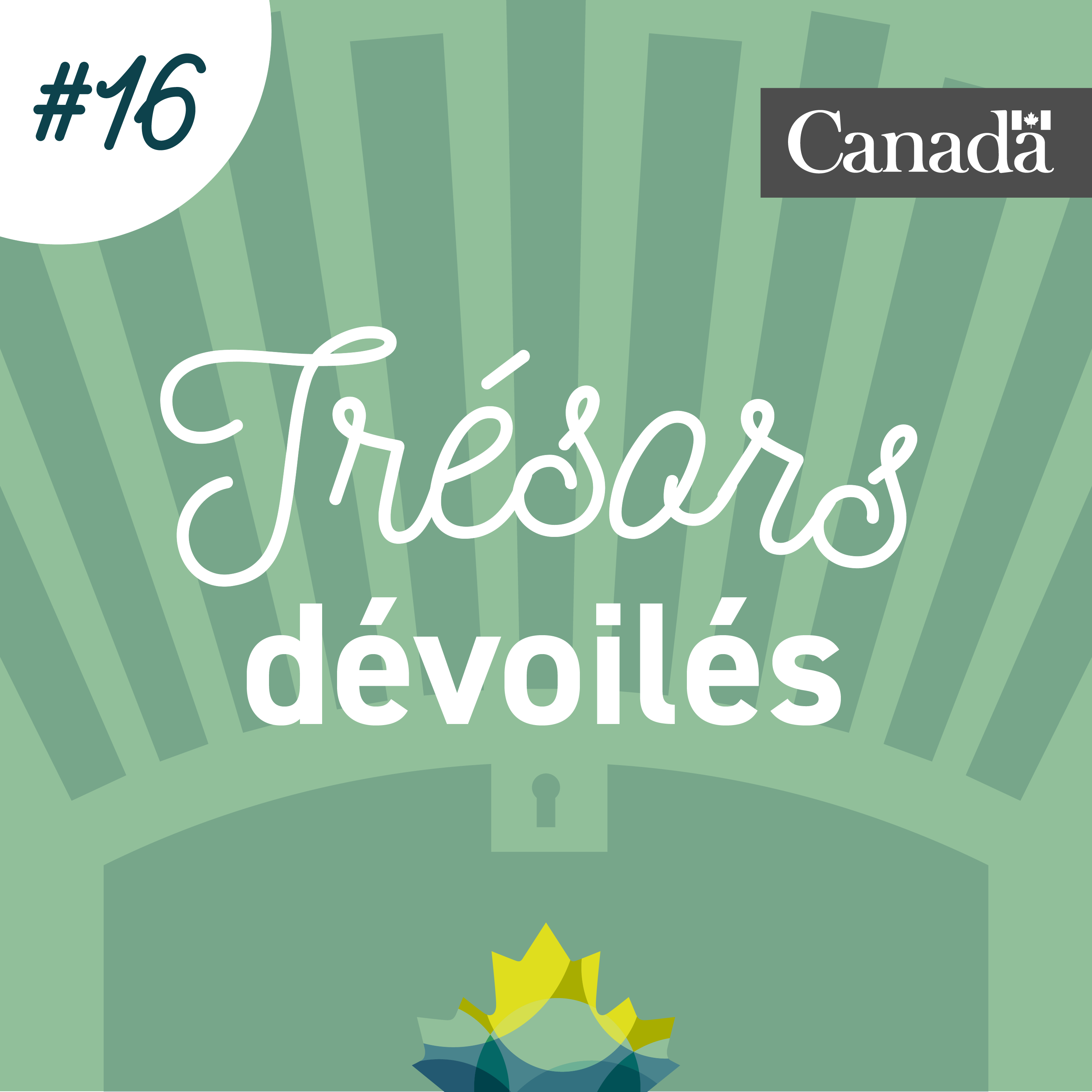 Coffre au trésor stylisé de couleur verte dans lequel se trouve la feuille d'érable de Bibliothèque et Archives Canada. Des rayons sortent du coffre. L'image porte le numéro 16.