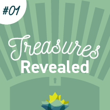 Greenish stylized treasure chest with Library and Archives Canada maple leaves at the bottom and rays rising from the chest at the top. Numbered #01.