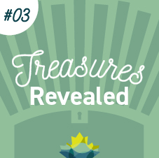 Greenish stylized treasure chest with Library and Archives Canada maple leaves at the bottom and rays rising from the chest at the top. Numbered #03.