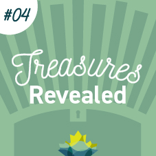 Greenish stylized treasure chest with Library and Archives Canada maple leaves at the bottom and rays rising from the chest at the top. Numbered #04.