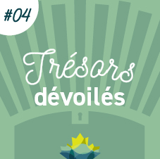 Coffre au trésor stylisé de couleur verte dans lequel se trouve la feuille d'érable de Bibliothèque et Archives Canada. Des rayons sortent du coffre. L'image porte le numéro 3. 