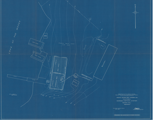 Plans en lignes blanches sur fond bleu foncé pour un système d’évacuation des eaux usées dans une école.