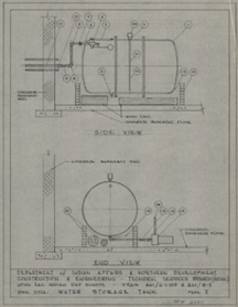 Dessin technique à l’encre noire sur papier gris montrant un réservoir d’eau pour une école.