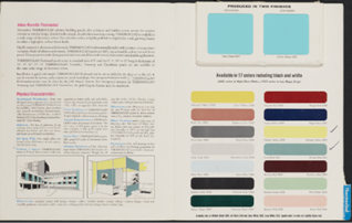 Page tirée d’une brochure présentant un texte dactylographié et deux dessins d’installations scolaires sur le côté gauche, ainsi que 16 échantillons de couleurs de peinture à droite.