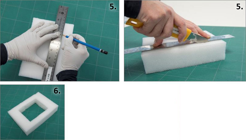 X-acto cutter, ruler, pencil and Ethafoam representing steps 5 and 6