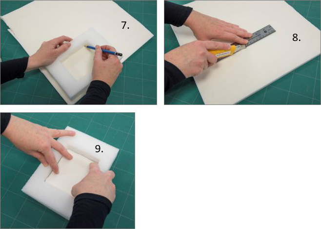 X-acto cutter, ruler, pencil, Valara and Ethafoam representing steps 7 to 9
