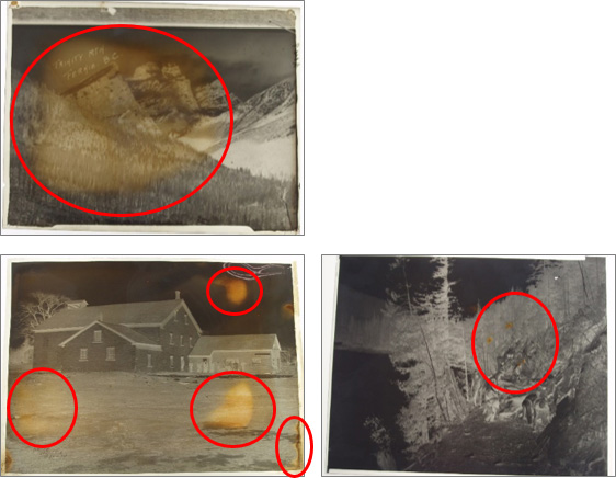 three negatives with non-uniform yellow deterioration