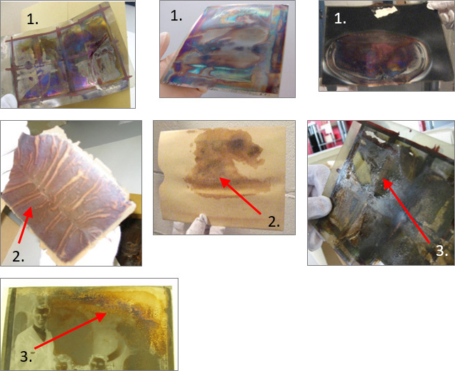 negatives with oil slick, no legible image and with sticky film and froth