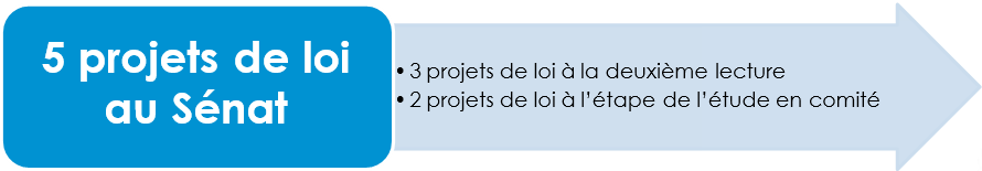 5 projets de loi au Sénat : 3 projets de loi à la deuxième lecture; 2 projets de loi à l’étape de l’étude en comité