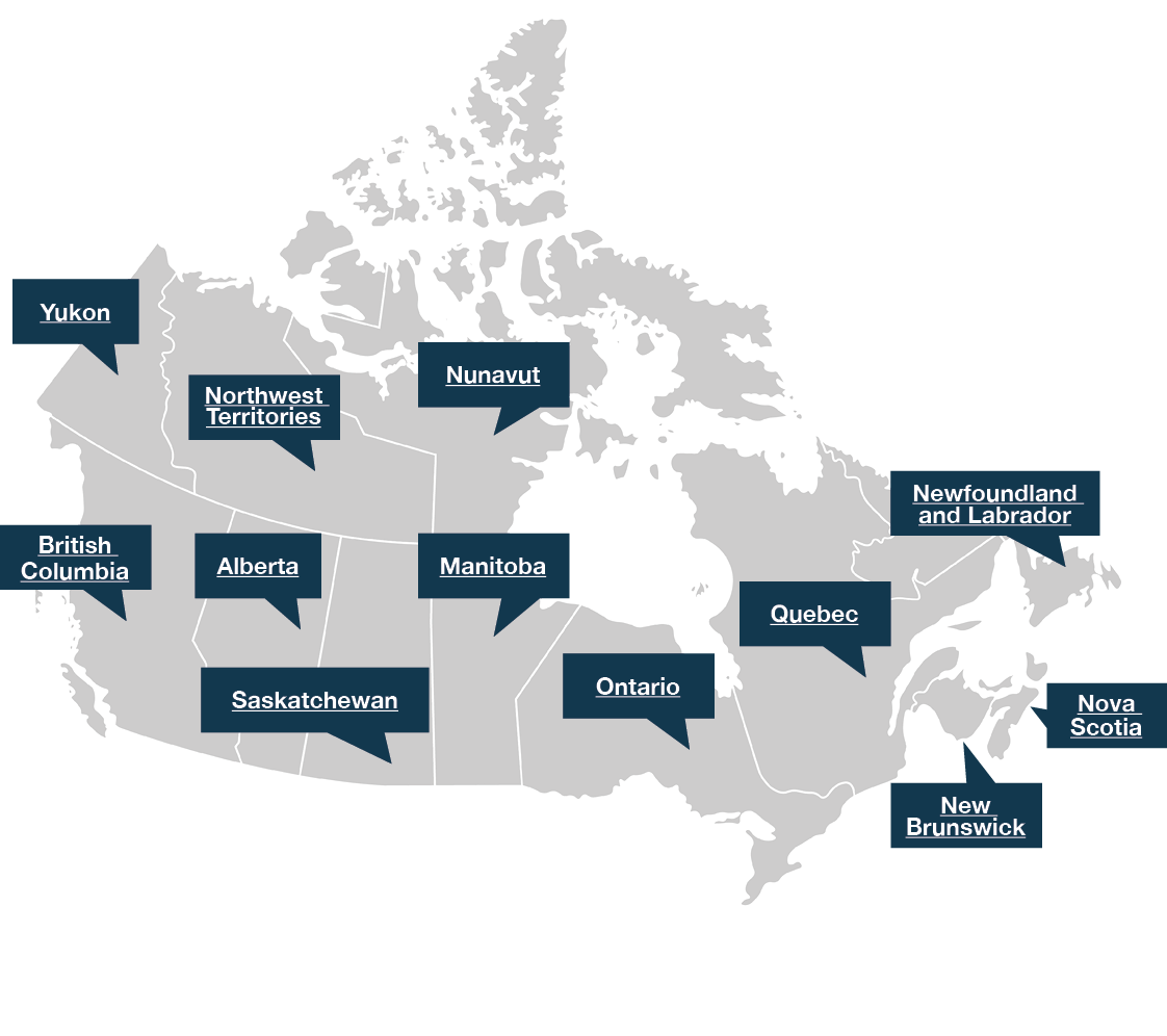 Map of Canada showing provinces and territories which have developed or are developing Critical Minerals Strategies.