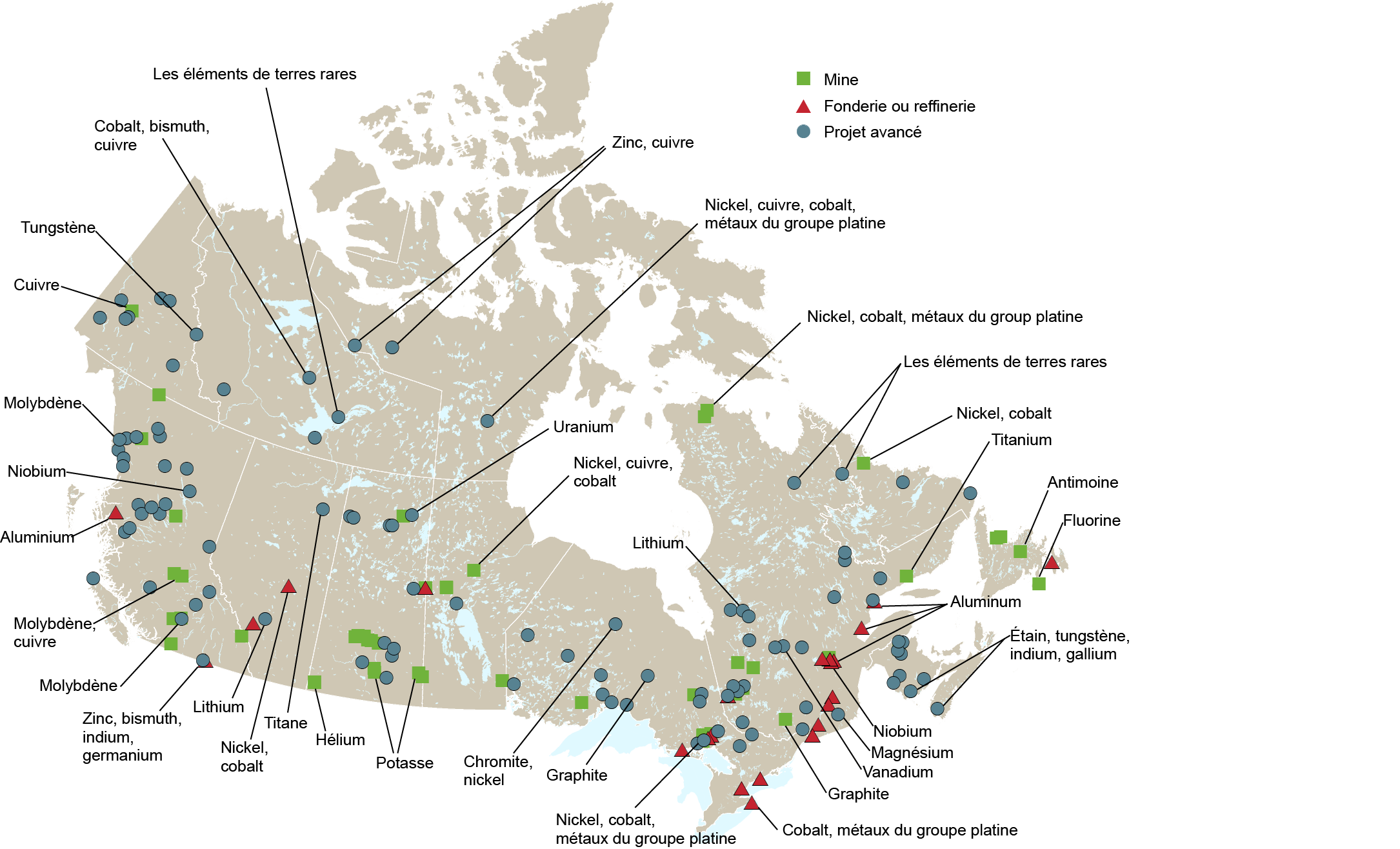 Carte : Mise en valeur des minéraux critiques partout au Canada